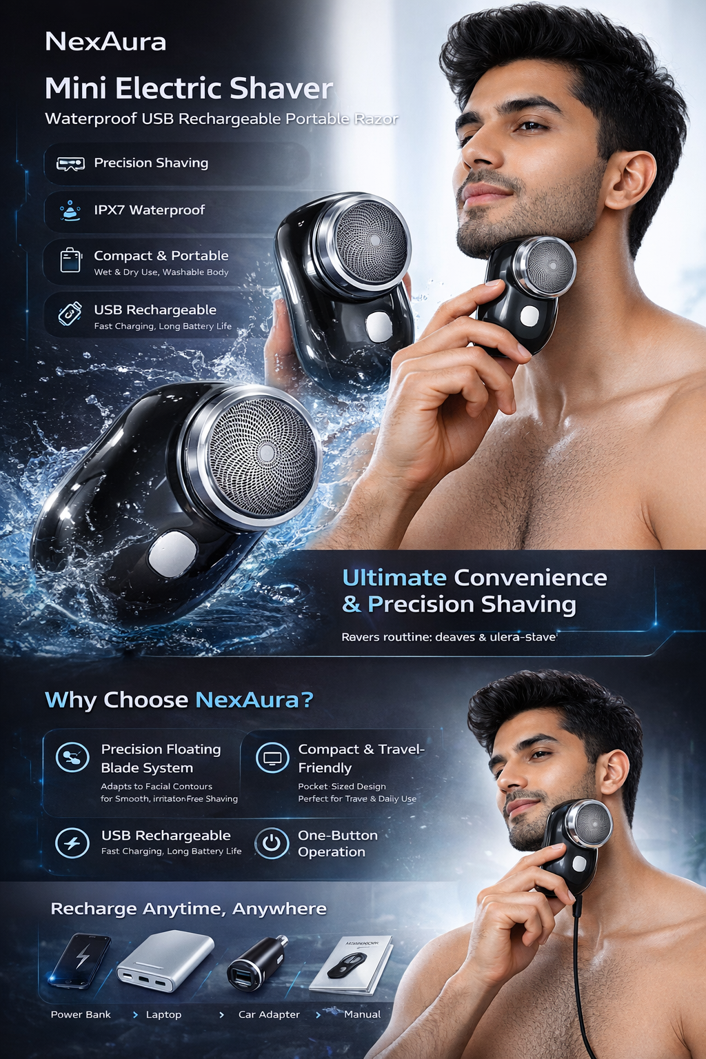 NexAura Mini Electric Shaver – USB Rechargeable & Waterproof
