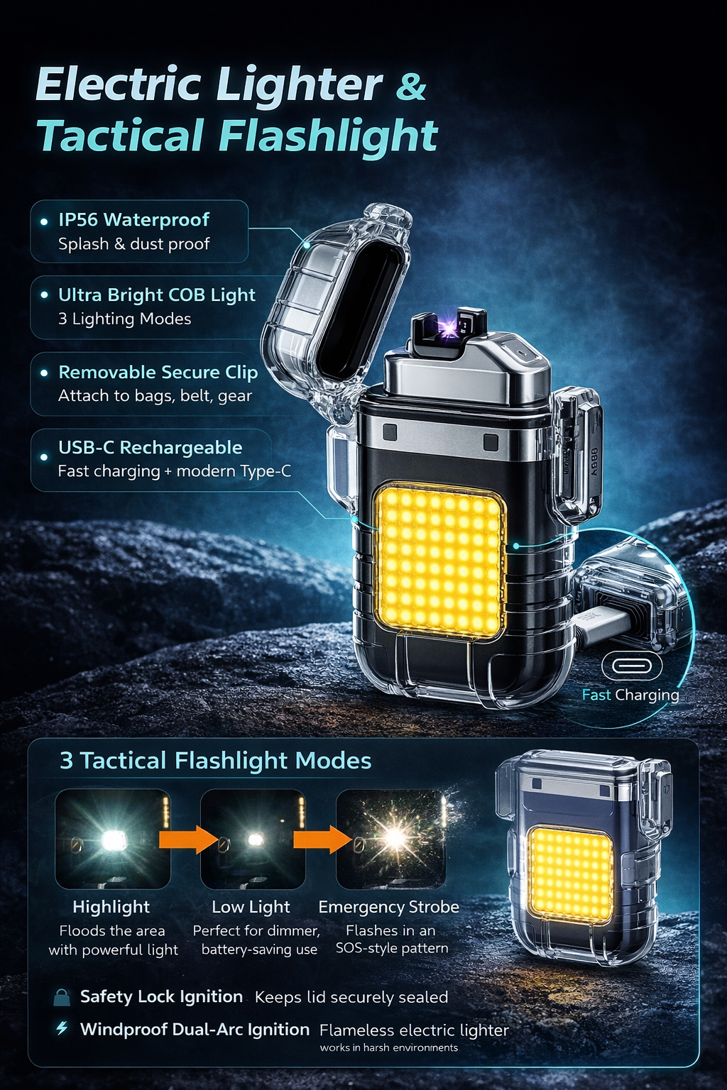 NexAura VoltGuard X – Tactical Arc Lighter & Floodlight