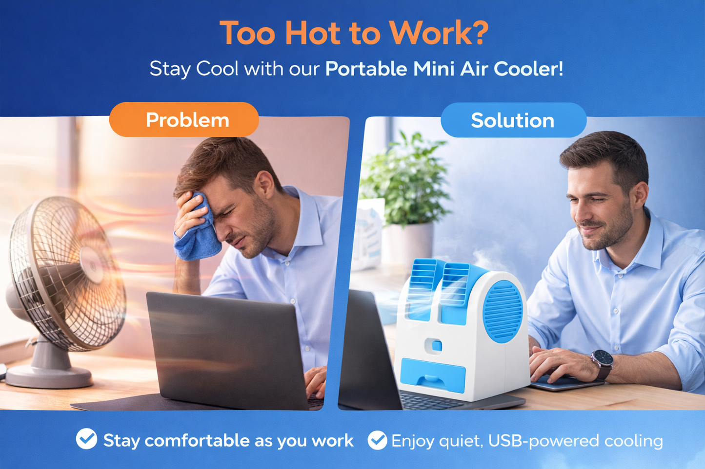 Portable USB Mini Air Cooler – Personal Desk Fan with Water Cooling & Adjustable Dual Vents