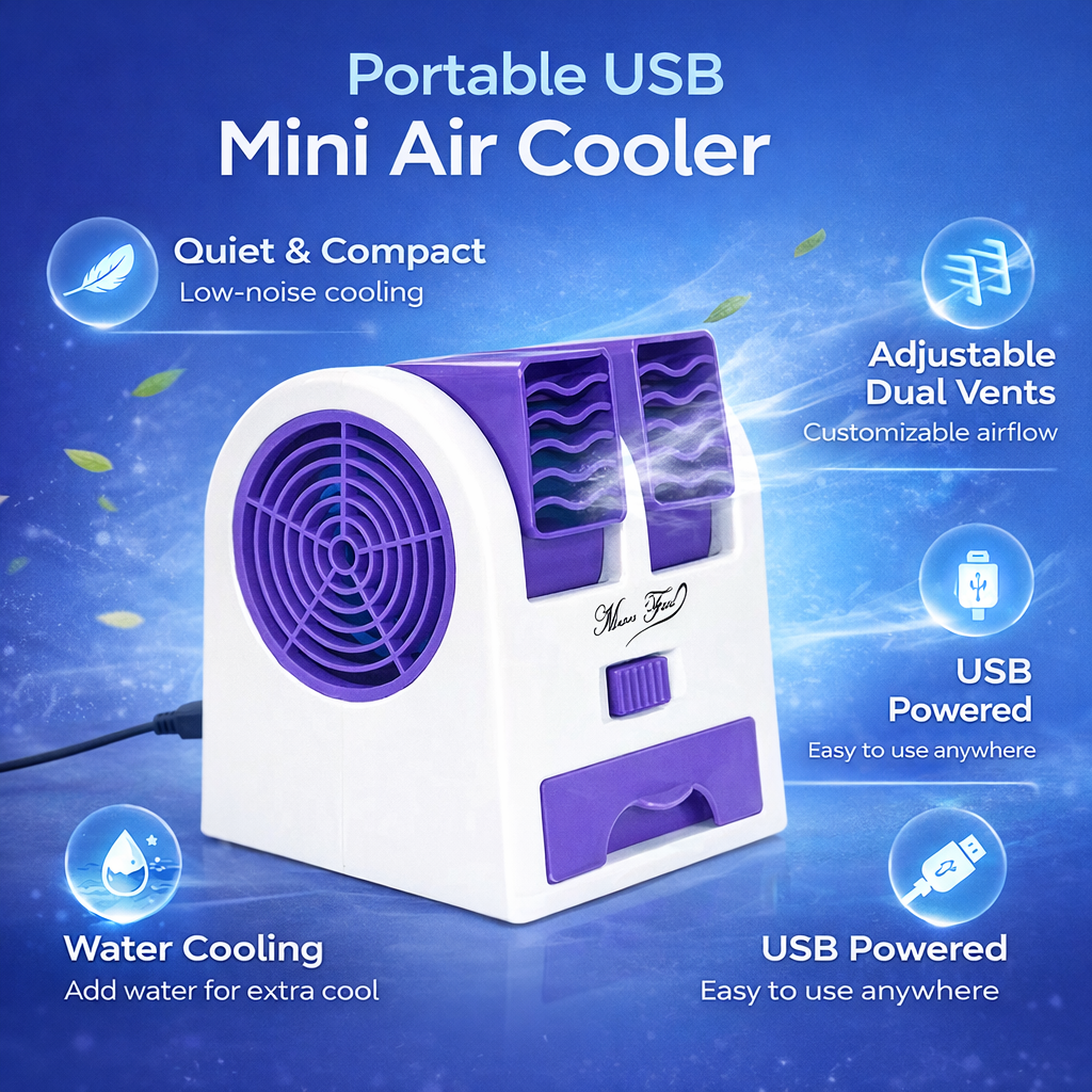 Portable USB Mini Air Cooler – Personal Desk Fan with Water Cooling & Adjustable Dual Vents