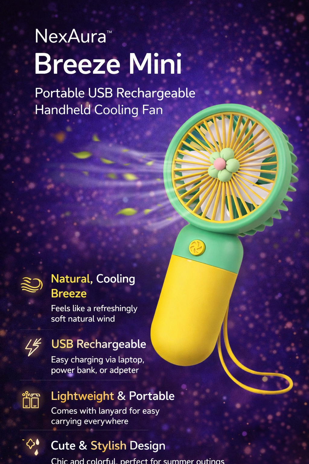 NexAura BreezeMini Portable Handheld Fan – USB Rechargeable Silent Cooling Fan with Lanyard