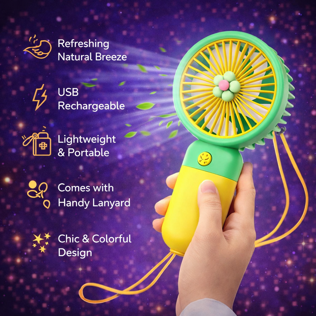 NexAura BreezeMini Portable Handheld Fan – USB Rechargeable Silent Cooling Fan with Lanyard