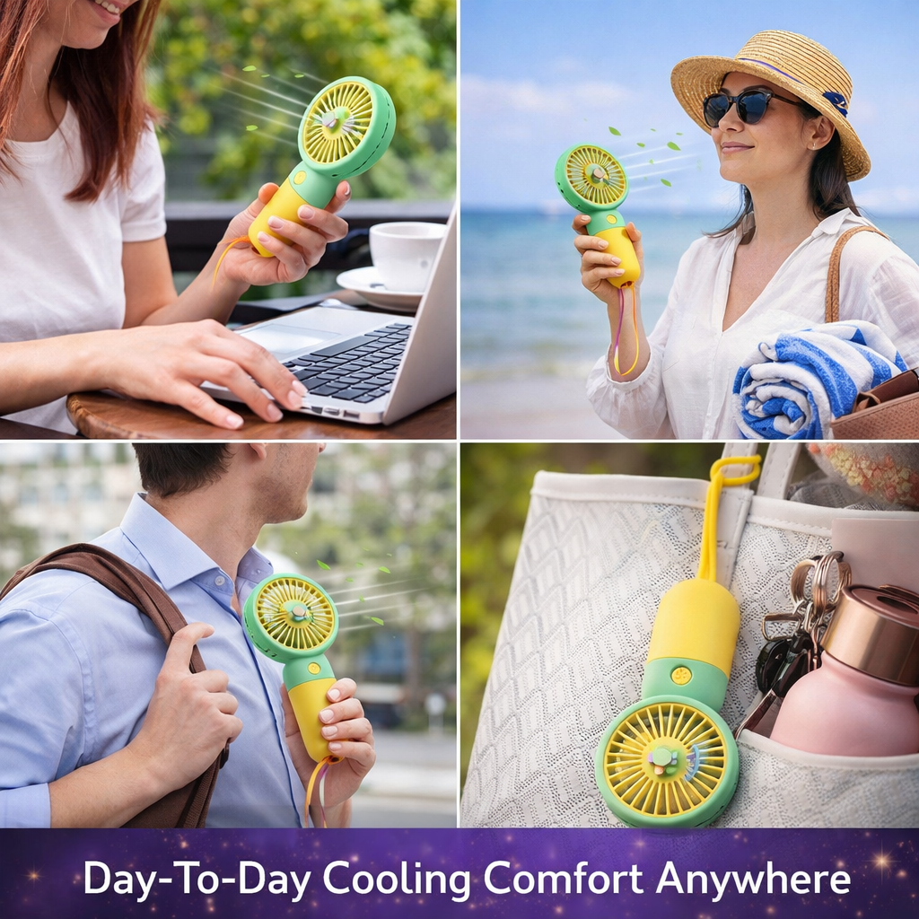 NexAura BreezeMini Portable Handheld Fan – USB Rechargeable Silent Cooling Fan with Lanyard