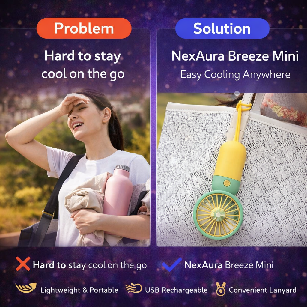 NexAura BreezeMini Portable Handheld Fan – USB Rechargeable Silent Cooling Fan with Lanyard