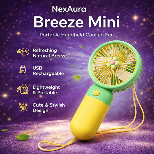 NexAura BreezeMini Portable Handheld Fan – USB Rechargeable Silent Cooling Fan with Lanyard